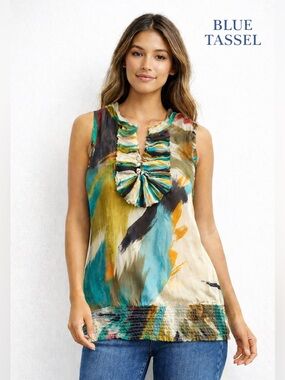 Blue Tassel 100% Silk Shell Lined Sleeveless Abstract  Smocked Hem Size M